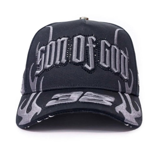 Black cap with 'Son of God' text and flame design on a white background