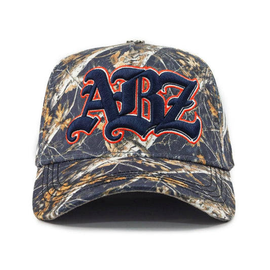 Camouflage baseball cap with 'ARZ' logo on a white background